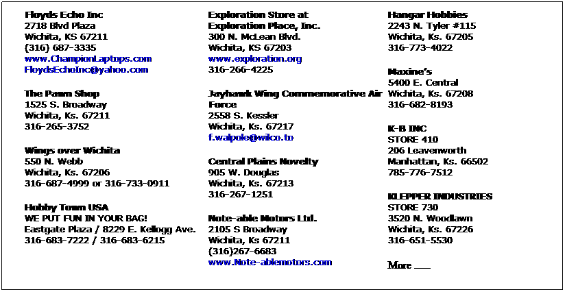 Text Box: Floyds Echo Inc 2718 Blvd Plaza Wichita, KS 67211 (316) 687-3335 www.ChampionLaptops.com FloydsEchoInc@yahoo.com 
The Pawn Shop
1525 S. Broadway
Wichita, Ks. 67211
316-265-3752
Wings over Wichita
550 N. Webb
Wichita, Ks. 67206
316-687-4999 or 316-733-0911
Hobby Town USA
WE PUT FUN IN YOUR BAG!
Eastgate Plaza / 8229 E. Kellogg Ave.
316-683-7222 / 316-683-6215



Exploration Store at 
Exploration Place, Inc.
300 N. McLean Blvd.
Wichita, KS 67203
www.exploration.org
316-266-4225 
Jayhawk Wing Commemorative Air Force
2558 S. Kessler
Wichita, Ks. 67217
f.walpole@wilco.to
Central Plains Novelty
905 W. Douglas
Wichita, Ks. 67213
316-267-1251
Note-able Motors Ltd.  2105 S Broadway Wichita, Ks 67211 (316)267-6683 www.Note-ablemotors.com  

Hangar Hobbies
2243 N. Tyler #115
Wichita, Ks. 67205
316-773-4022
Maxines
5400 E. Central
Wichita, Ks. 67208
316-682-8193
K-B INC
STORE 410
206 Leavenworth
Manhattan, Ks. 66502
785-776-7512
KLEPPER INDUSTRIES
STORE 730
3520 N. Woodlawn
Wichita, Ks. 67226
316-651-5530
More ......


